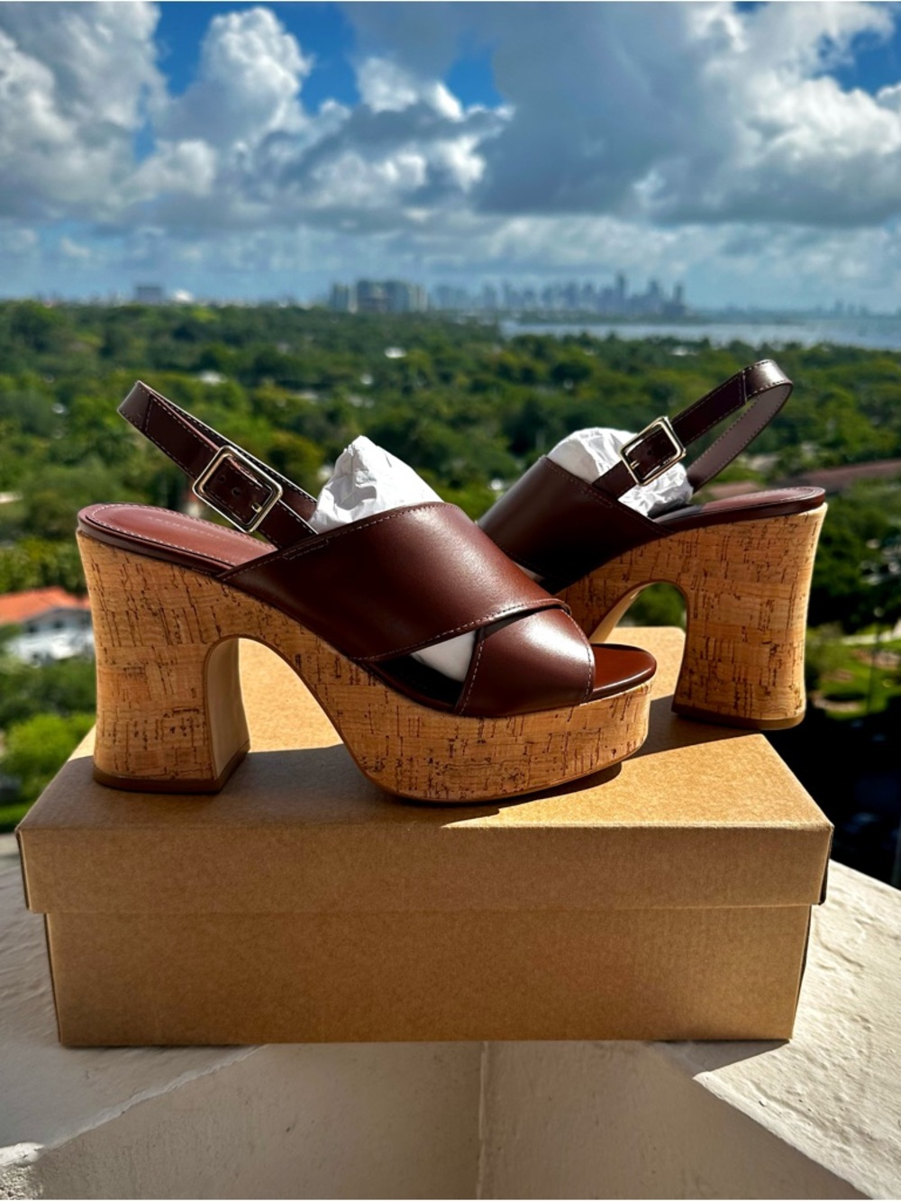 Anthropologie Brown Platform Sandals Cork Heel Slingback SZ 7-7.5 EU 38 NIB - Picture 2 of 10